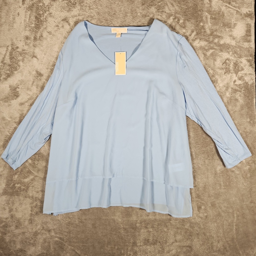 Michael Kors Blouse Womens 3X LS95L714WK Ocean Blue Layered V-Neck NEW